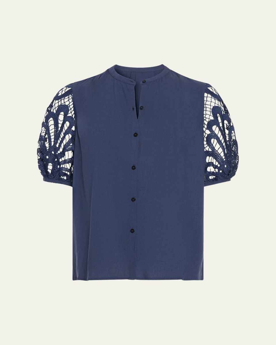 Gia Open-Knit Short-Sleeve Blouse